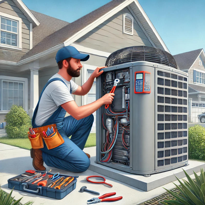 Technician performing routine maintenance on a residential HVAC unit outside a suburban home, cleaning coils and checking the system for common issues.