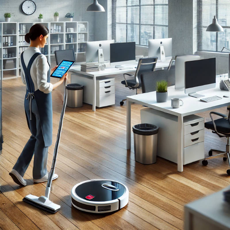 A cleaner in a modern office using a robotic vacuum and a tablet to manage cleaning schedules and tasks.