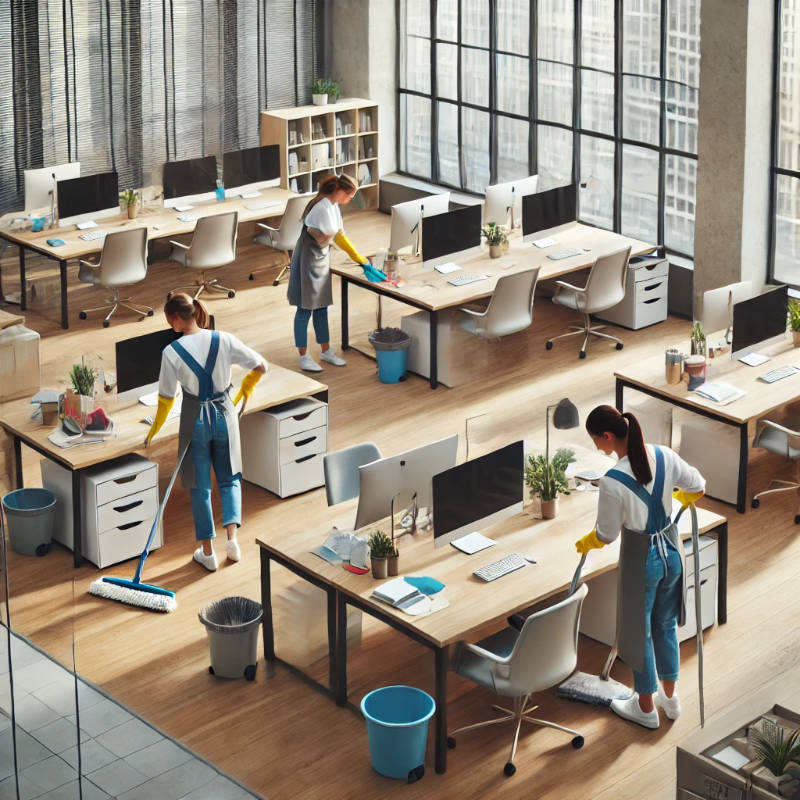 Three women cleaners working in different parts of a large office, cleaning desks, floors, and windows.