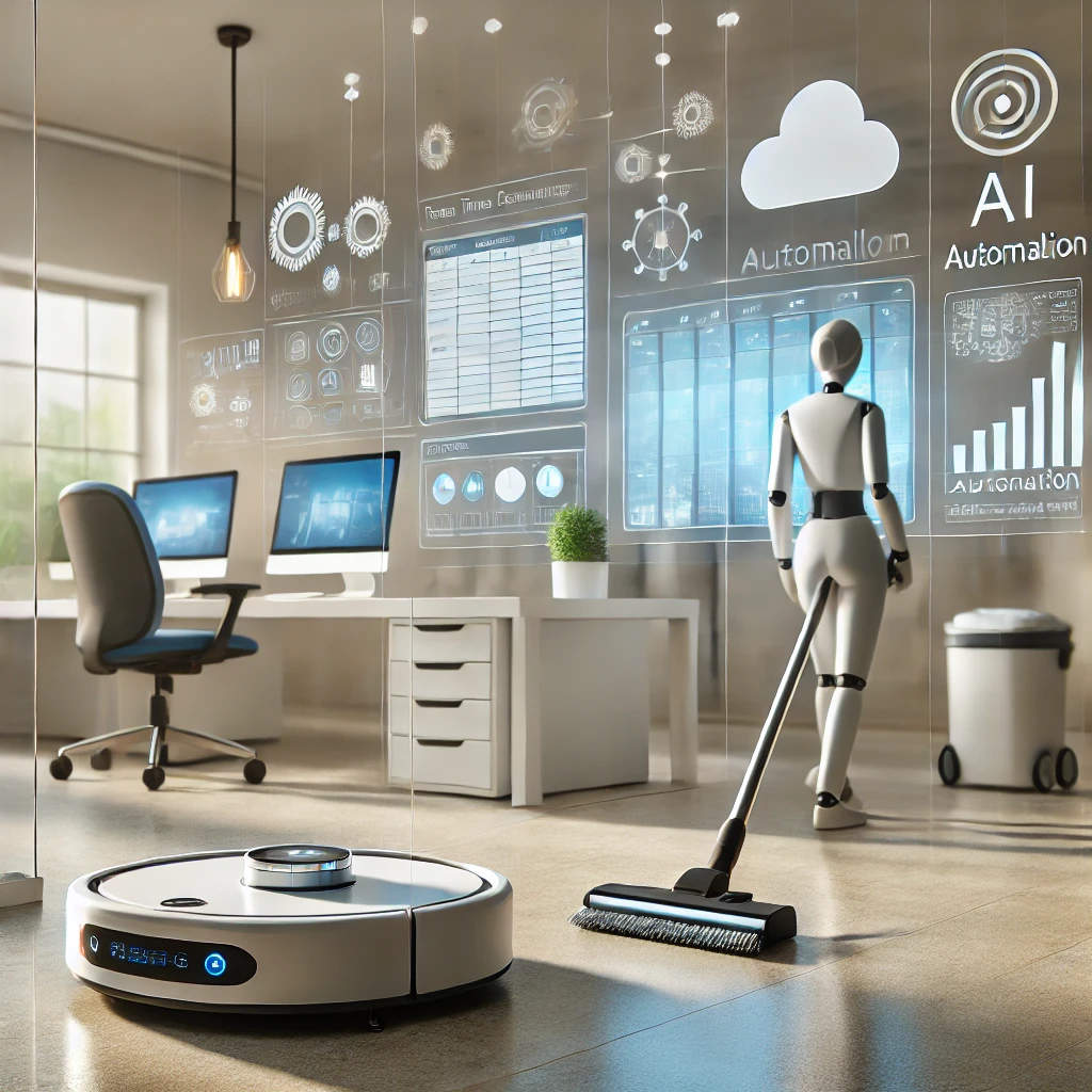 A futuristic cleaning business scene featuring a robotic vacuum cleaning an office floor, a dashboard displaying real-time cleaning schedules, and a cleaner using a smart vacuum with sensors.