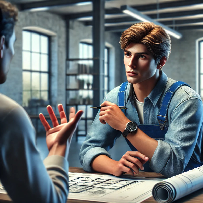 A general contractor in blue overalls attentively listening to a client in a modern office setting. The table holds blueprints and notes, while the client gestures expressively, emphasizing a collaborative discussion and active listening.