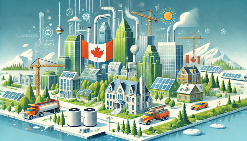 Illustration of the Canadian HVAC market with snowy landscapes, green buildings, and eco-friendly HVAC systems like heat pumps.