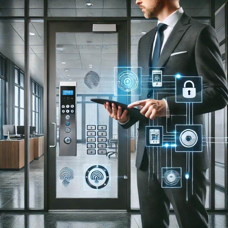 Commercial locksmithing access control setup with high-security locks, fingerprint scanner, and keycard reader in a modern office.