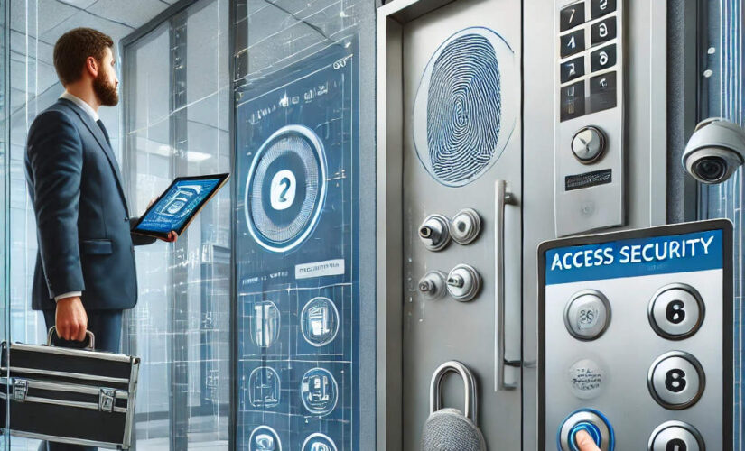 Commercial locksmithing access control installation showing locksmith with biometric access and smart keycard systems in a modern office