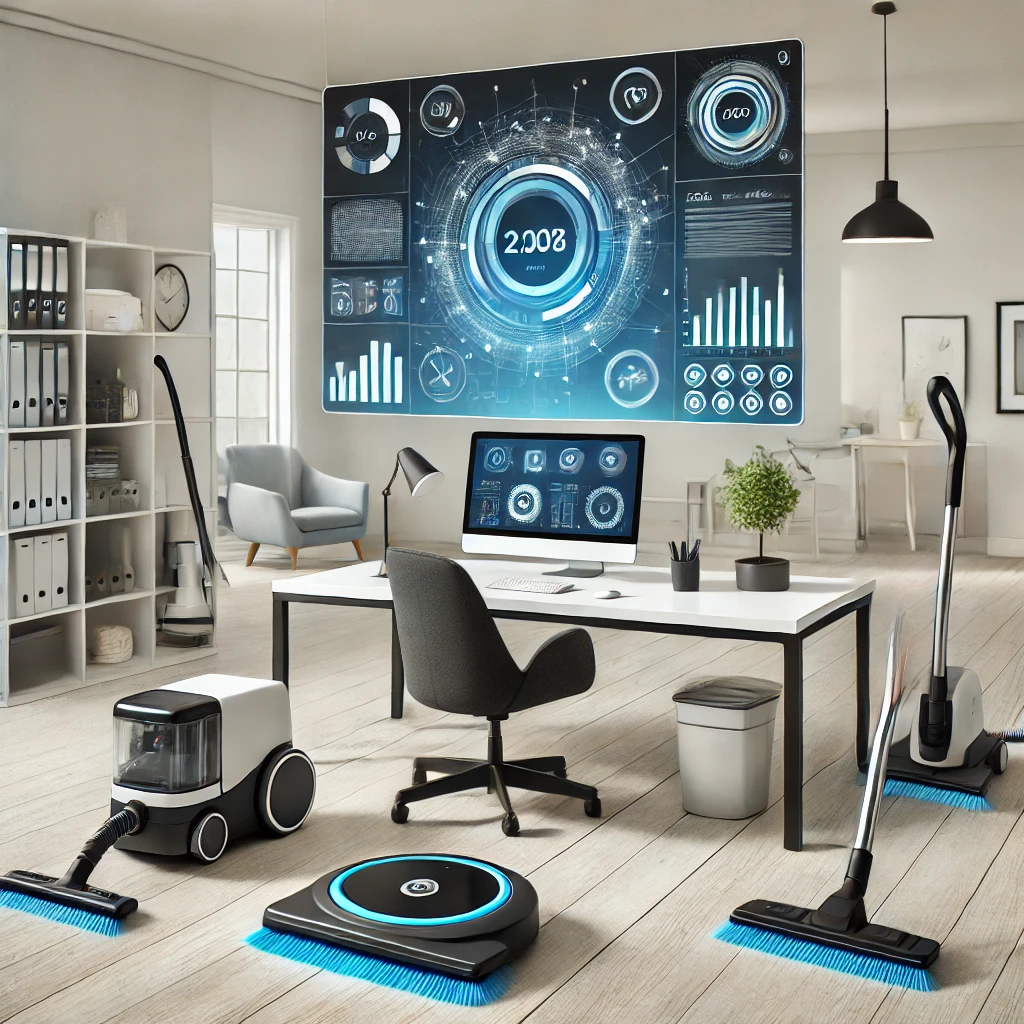 A modern cleaning workspace with smart cleaning tools like advanced vacuums and automated mops, complemented by a sleek digital dashboard displaying performance metrics and schedules.