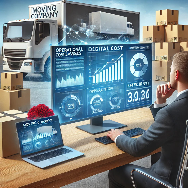 A moving company professional reviewing digital reports on a computer, showcasing the benefits of moving company software.