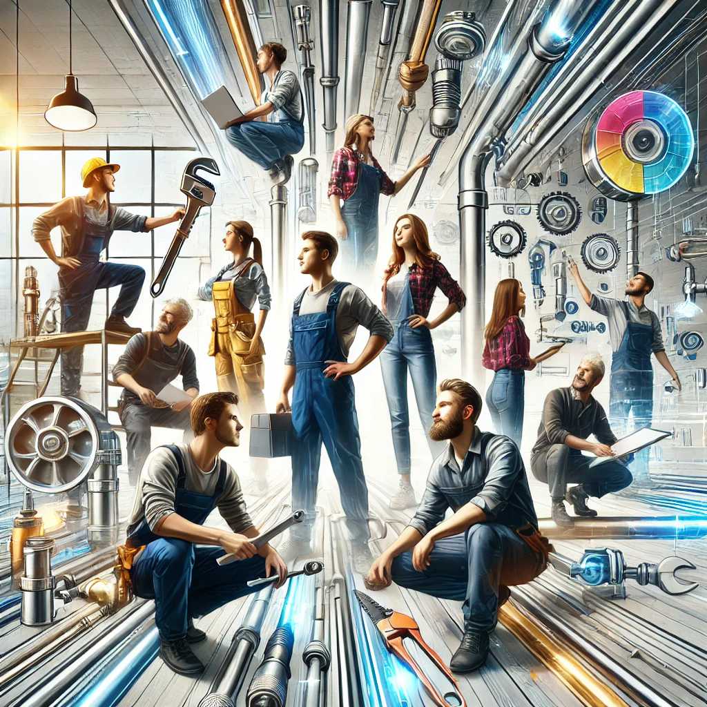 Illustration of a diverse team of plumbers, including young professionals, women, and experienced workers, working on a modern plumbing project in a bright workshop.