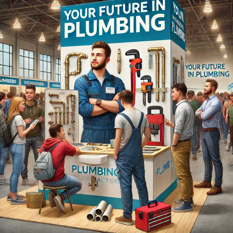 Realistic illustration of a plumbing contractor at a career fair booth, interacting with diverse attendees and showcasing tools, brochures, and plumbing demonstrations.