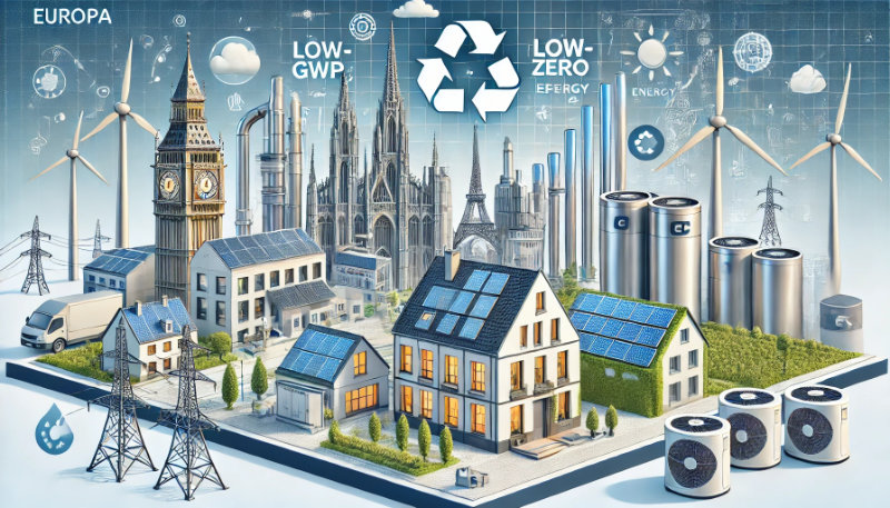 Illustration of Europe’s HVAC market with iconic architecture, heat pumps, solar panels, and wind turbines representing decarbonization efforts