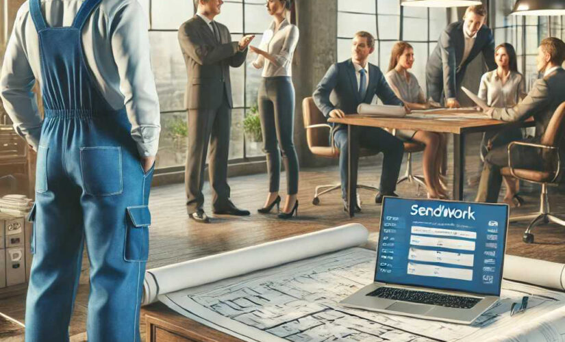 A general contractor in blue overalls attentively listening to a client in a professional office setting, showcasing contractor communication tips to build stronger relationships.