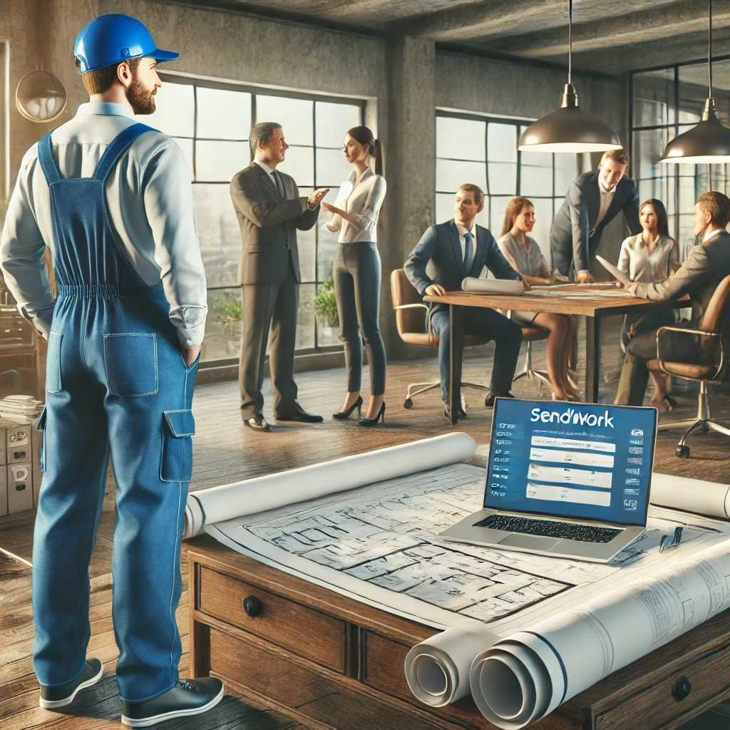 A general contractor in blue overalls attentively listening to a client in a professional office setting, showcasing contractor communication tips to build stronger relationships.