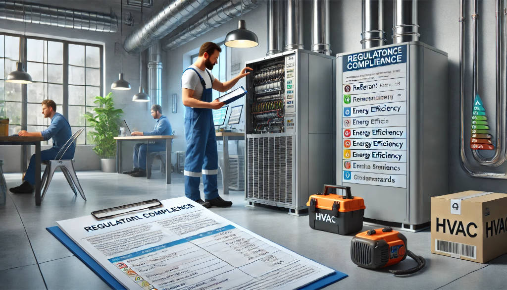 HVAC technician studying compliance documents and adjusting an HVAC unit to meet energy and emissions standards.