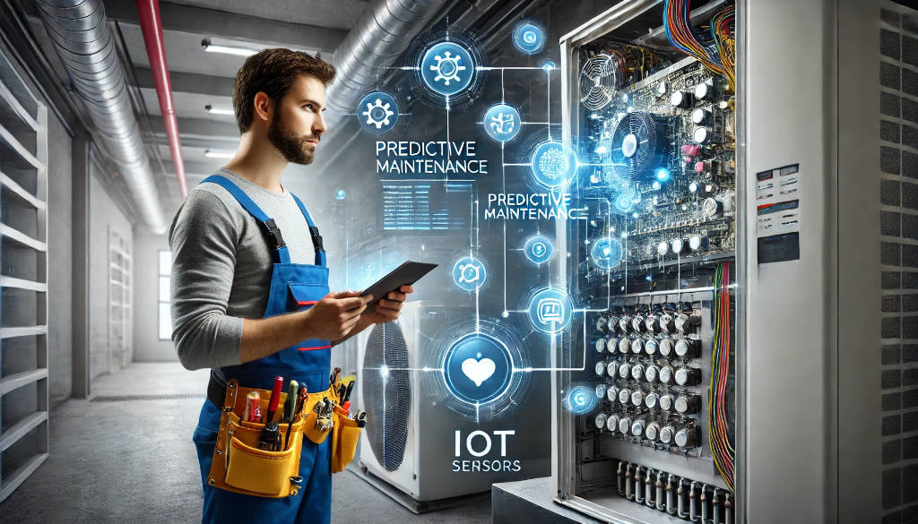 HVAC technician assessing real-time system diagnostics with predictive maintenance tools on a tablet