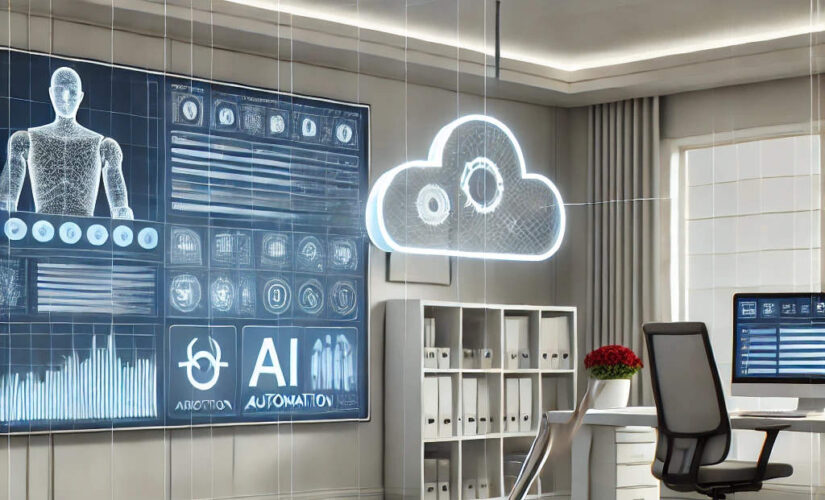 A clean and professional office environment showcasing a robotic vacuum in action, with a wall-mounted dashboard displaying real-time cleaning schedules on cloud-based software.