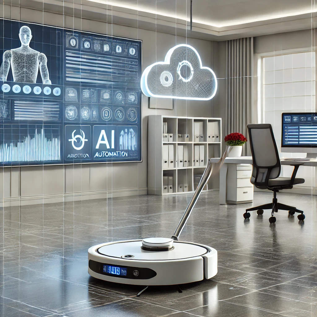 A clean and professional office environment showcasing a robotic vacuum in action, with a wall-mounted dashboard displaying real-time cleaning schedules on cloud-based software.