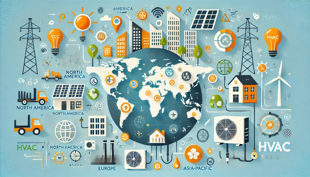 Illustration of the regional HVAC market growth with a global map, HVAC systems, skyscrapers, and eco-friendly icons.