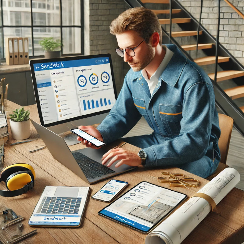 A general contractor in blue overalls using technology to communicate effectively. The contractor is seated at a desk with a laptop displaying a CRM tool like Sendwork, a smartphone showing updates, and a tablet sharing project photos.