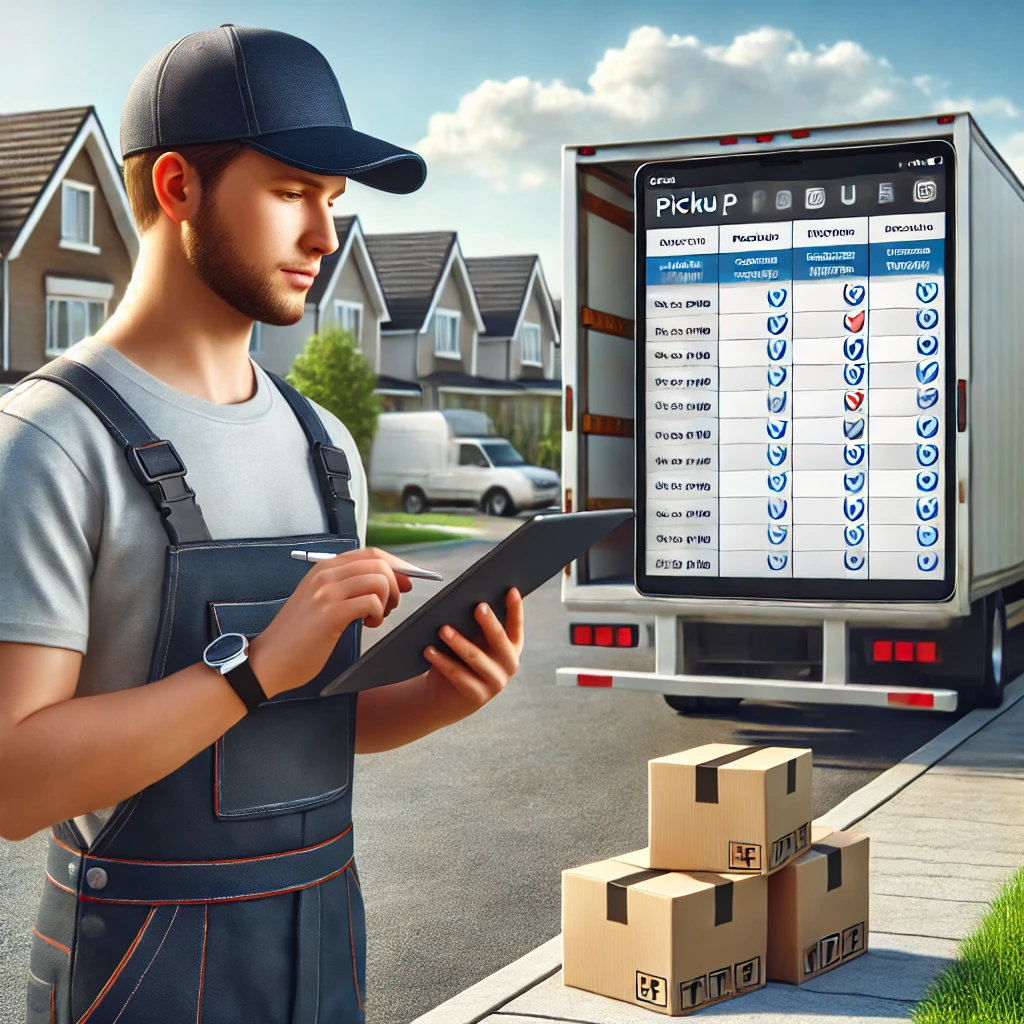 A moving company worker in uniform uses a tablet with scheduling software, standing near a truck in a suburban neighborhood.