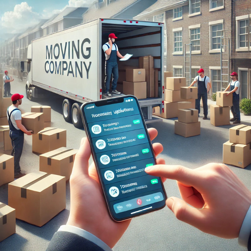 A customer receiving real-time updates on their phone about their moving schedule while movers load a truck in the background.