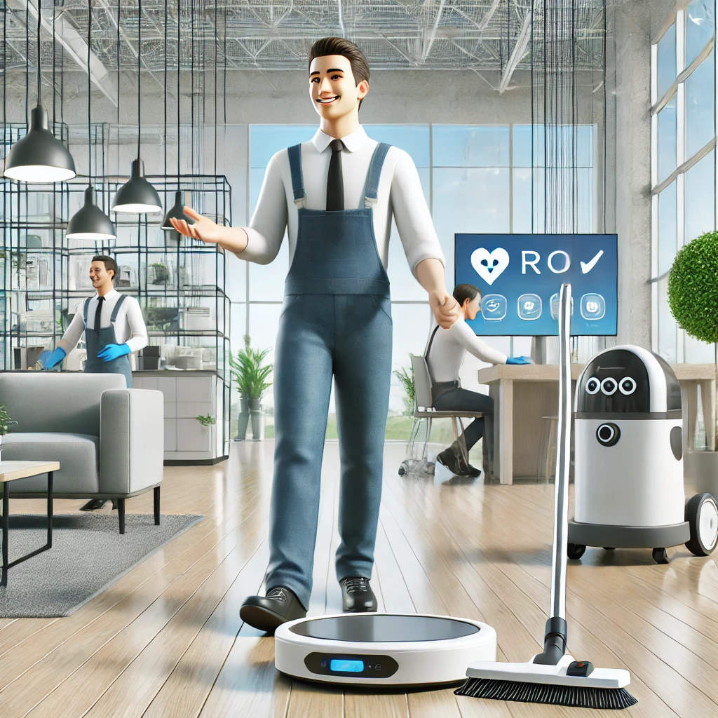 A happy customer in a spotless commercial space, with professional cleaners in the background using robotic vacuums and smart cleaning tools, highlighting modern cleaning technology.