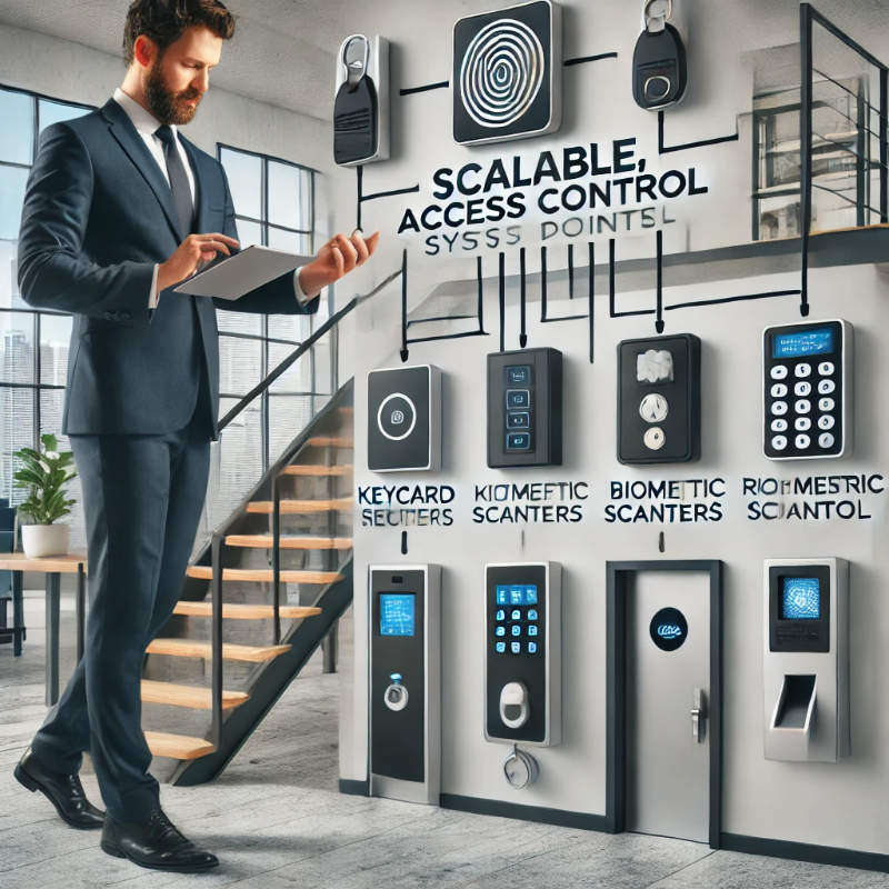 Commercial locksmith setting up modular access control with keycard readers and biometric scanners, managed remotely for scalable business security.