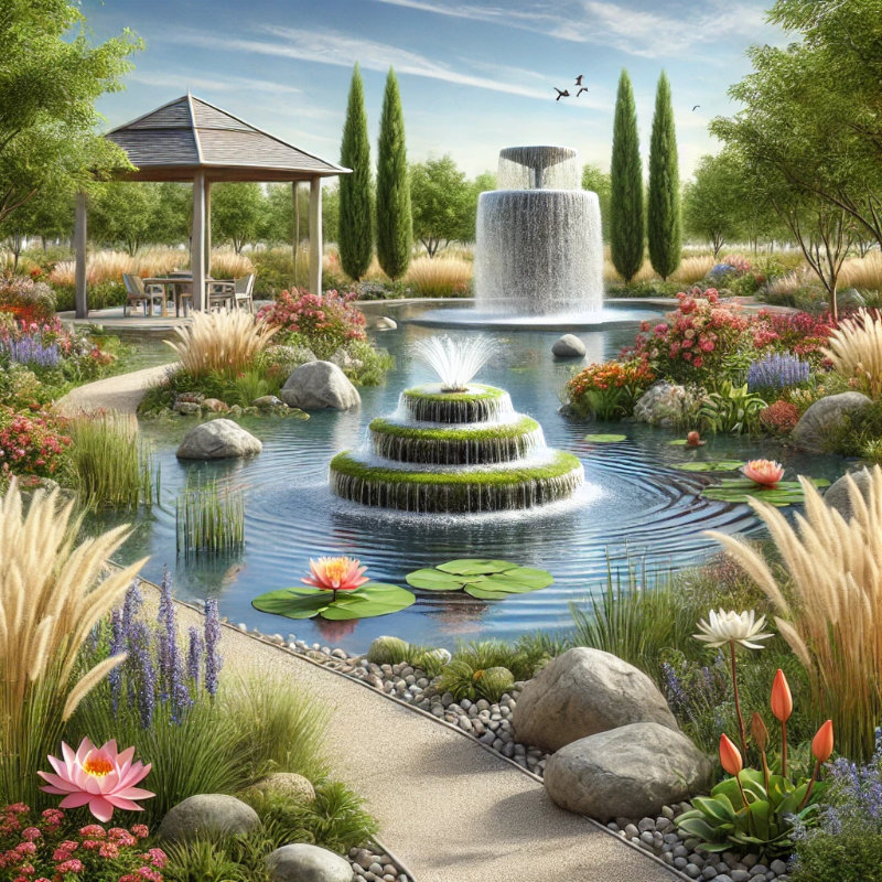 Wellness-focused garden with water features, including a cascading fountain, a pond with water lilies, and a waterfall surrounded by flowers and grasses.