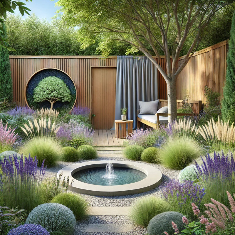 Therapeutic garden in wellness-focused landscape design featuring a small circular fountain, lavender plants, and a shaded bench surrounded by greenery.