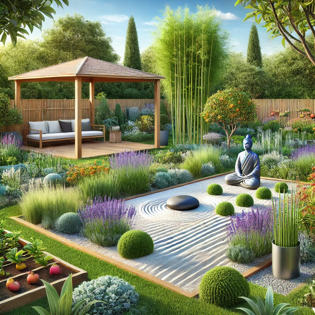 Serene outdoor wellness-focused landscape design featuring a mindfulness garden with water features, edible plants, and shaded seating areas.