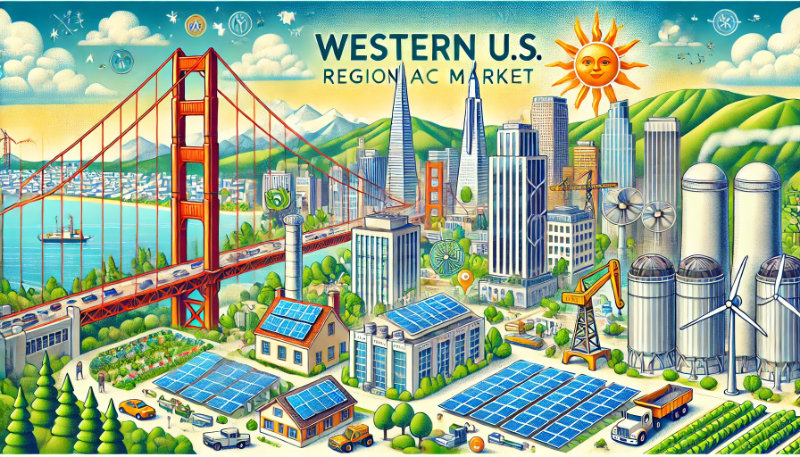 Illustration of the Western U.S. HVAC market with California’s Golden Gate Bridge, solar panels, skyscrapers, and eco-friendly projects