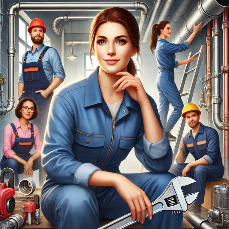 Realistic illustration of a female plumber in blue-collar work attire collaborating with a diverse team in a modern workshop, emphasizing inclusivity.