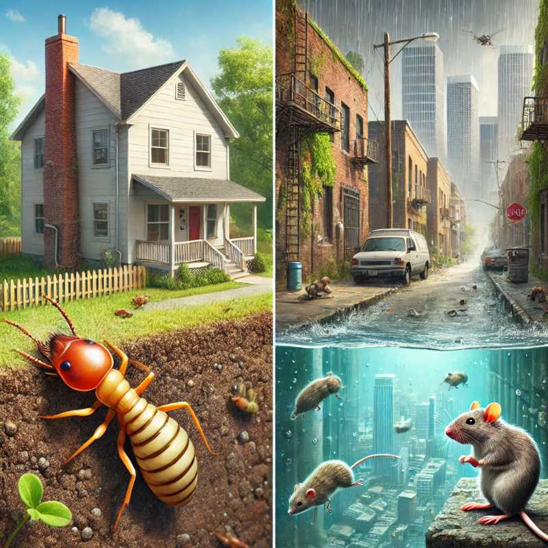 A realistic illustration showing termite damage to a suburban home and rodents thriving in urban areas, symbolizing the effects of warm, humid climates in the Southeastern U.S.