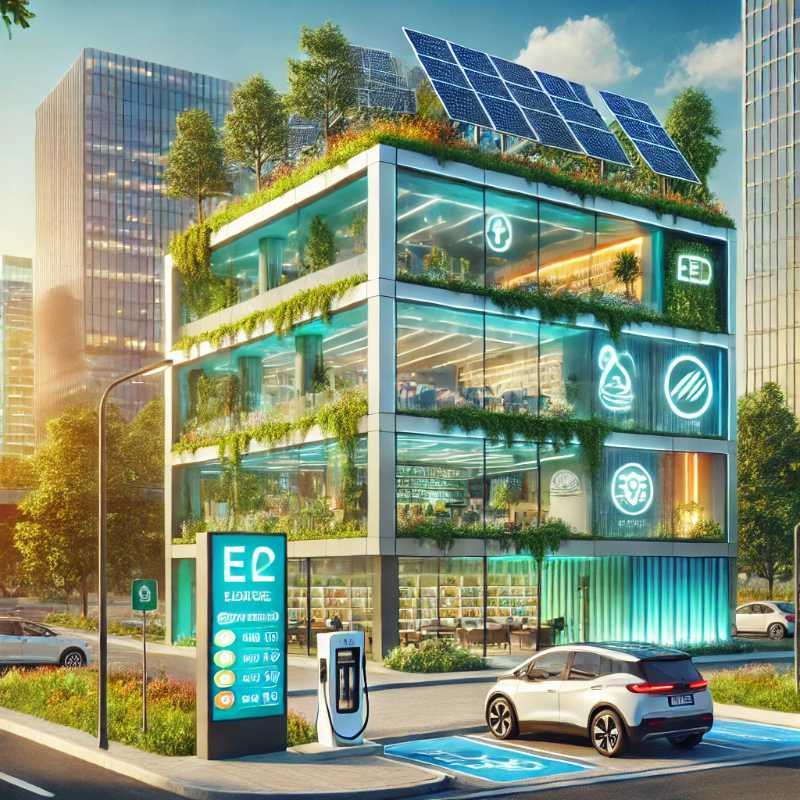 Illustration of a modern urban building featuring solar panels, EV charging stations, energy-efficient windows, and smart energy systems, with a digital sign displaying LEED, WELL, and ENERGY STAR certifications.