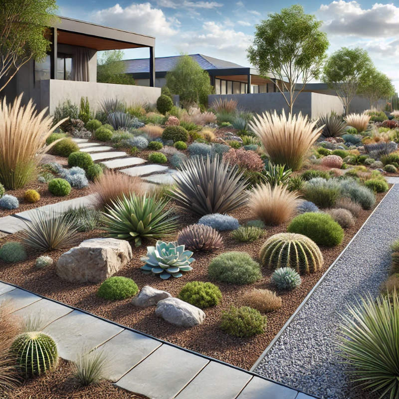 Illustration of a low-water landscape featuring drought-tolerant plants like succulents and cacti, gravel pathways, and mulched garden beds.