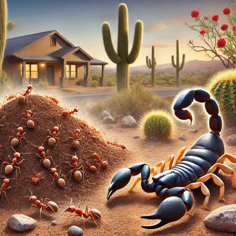 An illustration showing fire ant mounds near a residential yard and a scorpion in a desert setting, highlighting their spread in the Southwest U.S.