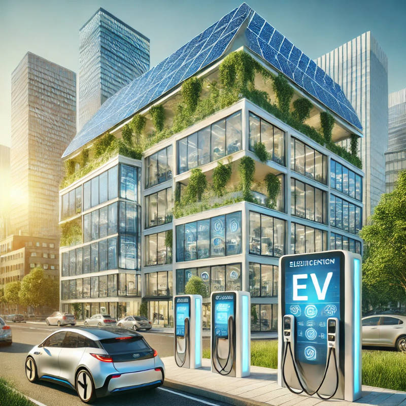 Illustration of a contemporary building with rooftop solar panels, EV charging stations, energy-efficient windows, and a digital board displaying LEED, WELL, and ENERGY STAR certifications, surrounded by landscaped greenery.