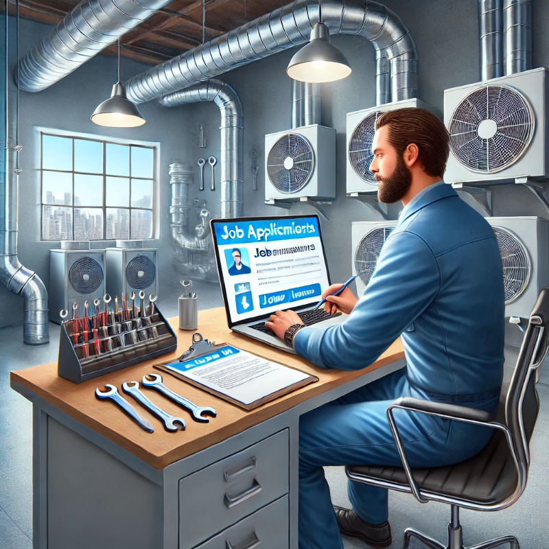 A blue-collar business owner in an HVAC office reviewing job applications at a desk, surrounded by tools and HVAC equipment.