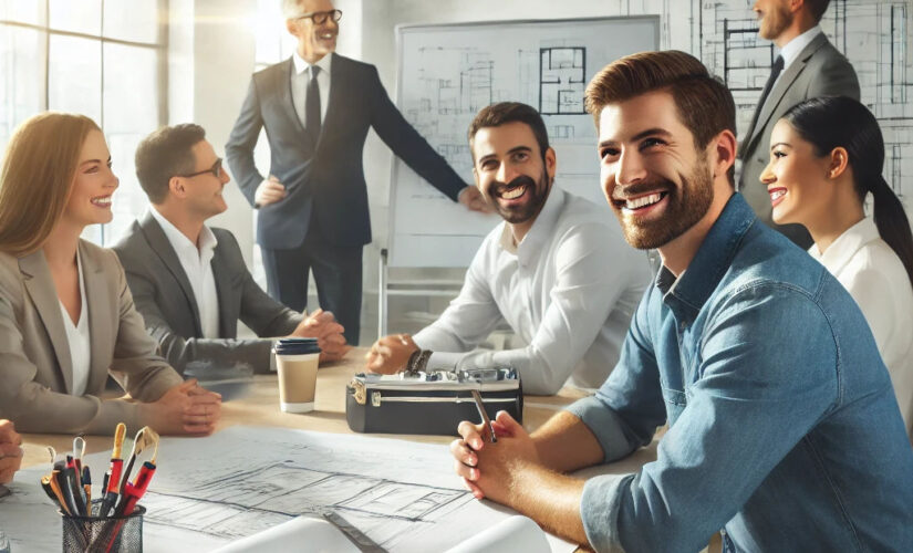 General contractor discussing project plans with a team in an office workspace for effective hiring and management.