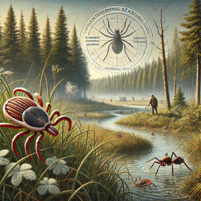 A realistic illustration showing ticks thriving in forest vegetation and mosquitoes in wetlands, symbolizing the effects of milder winters and extended breeding seasons in the Northeast U.S.