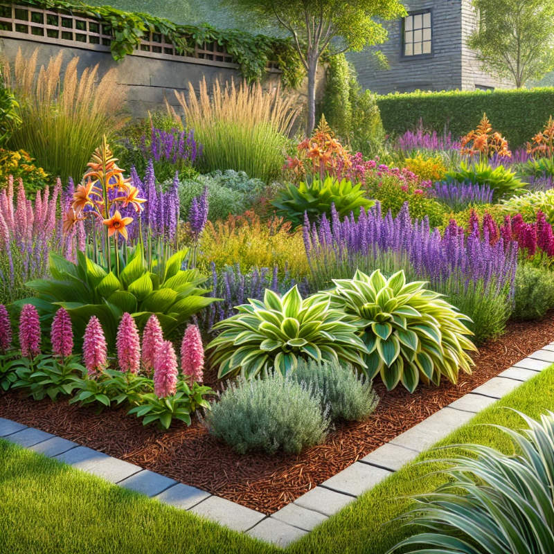 Illustration of a low-maintenance garden featuring perennial plants like lavender, hostas, and daylilies, with mulched beds and stone borders.