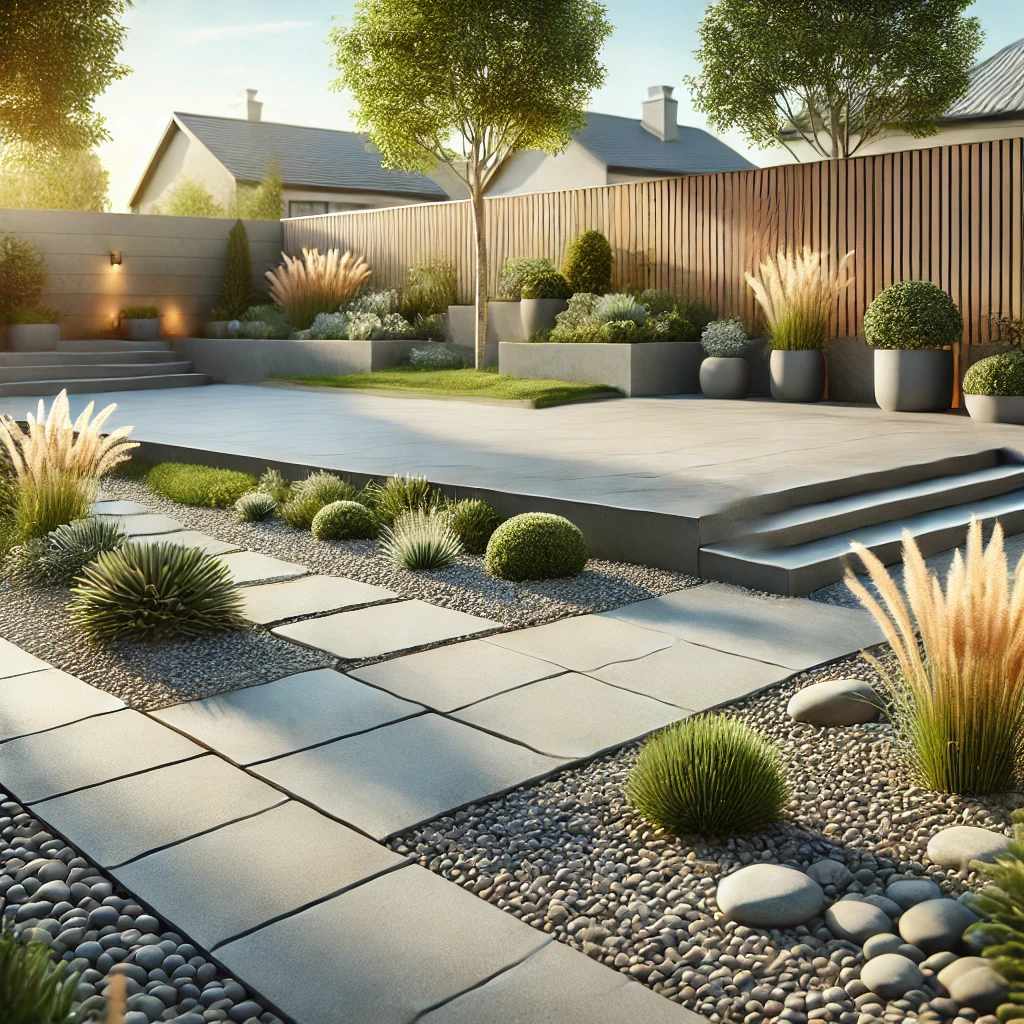 Illustration of a low-maintenance outdoor space featuring modern stone pavers, gravel paths, decorative pebbles, and garden beds with drought-tolerant plants.