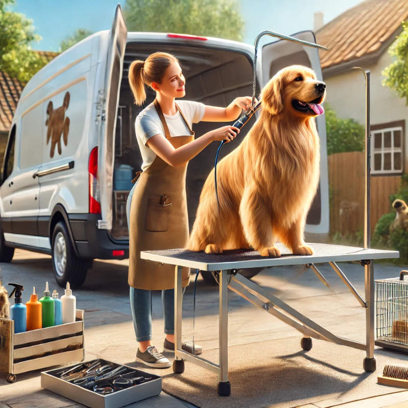 A professional groomer trimming the fur of a calm golden retriever on a grooming table in a sunny driveway, with a clean mobile grooming van and tools visible in the background.