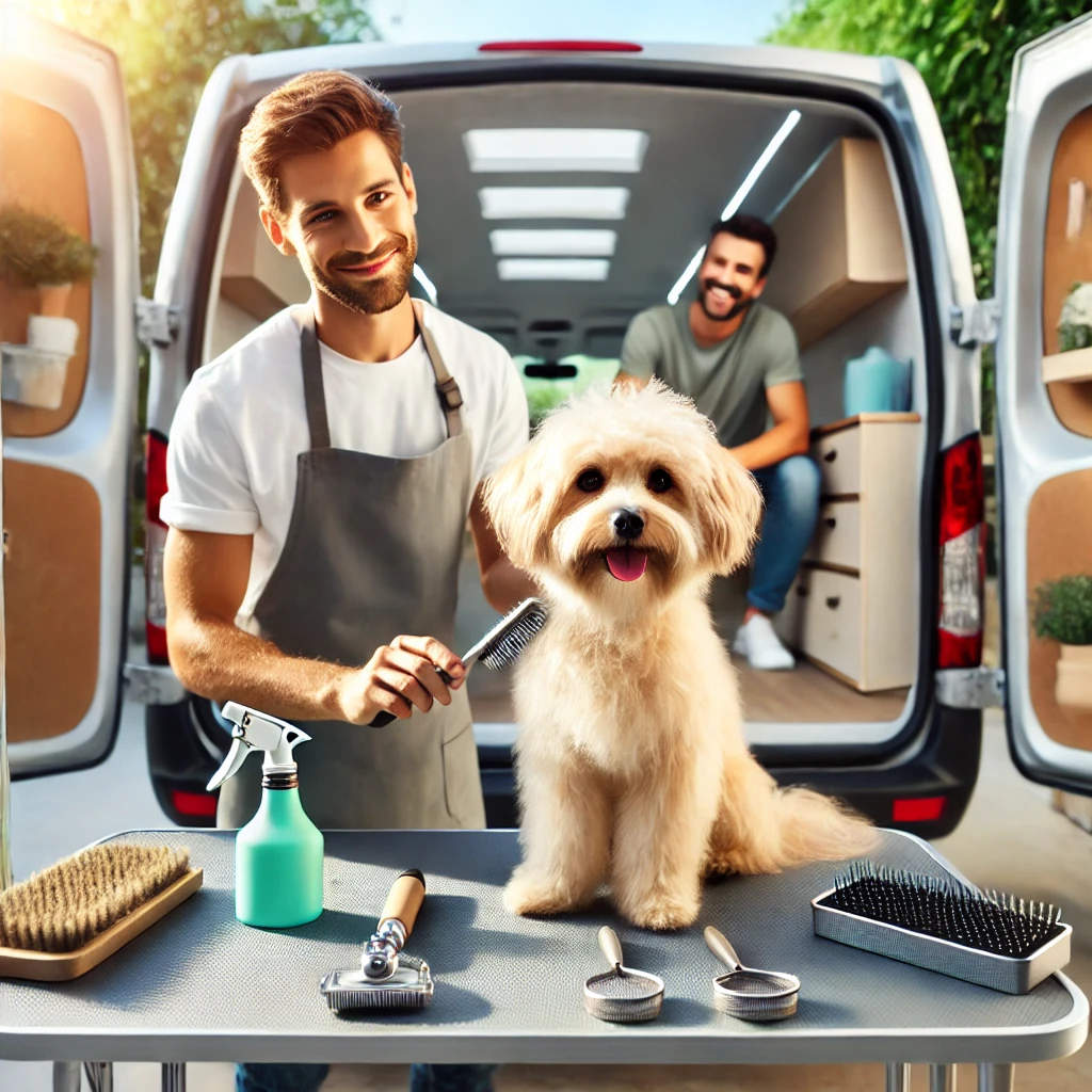 A modern mobile dog grooming van parked in a driveway, featuring a groomer brushing a fluffy dog on a grooming table with tools neatly arranged.