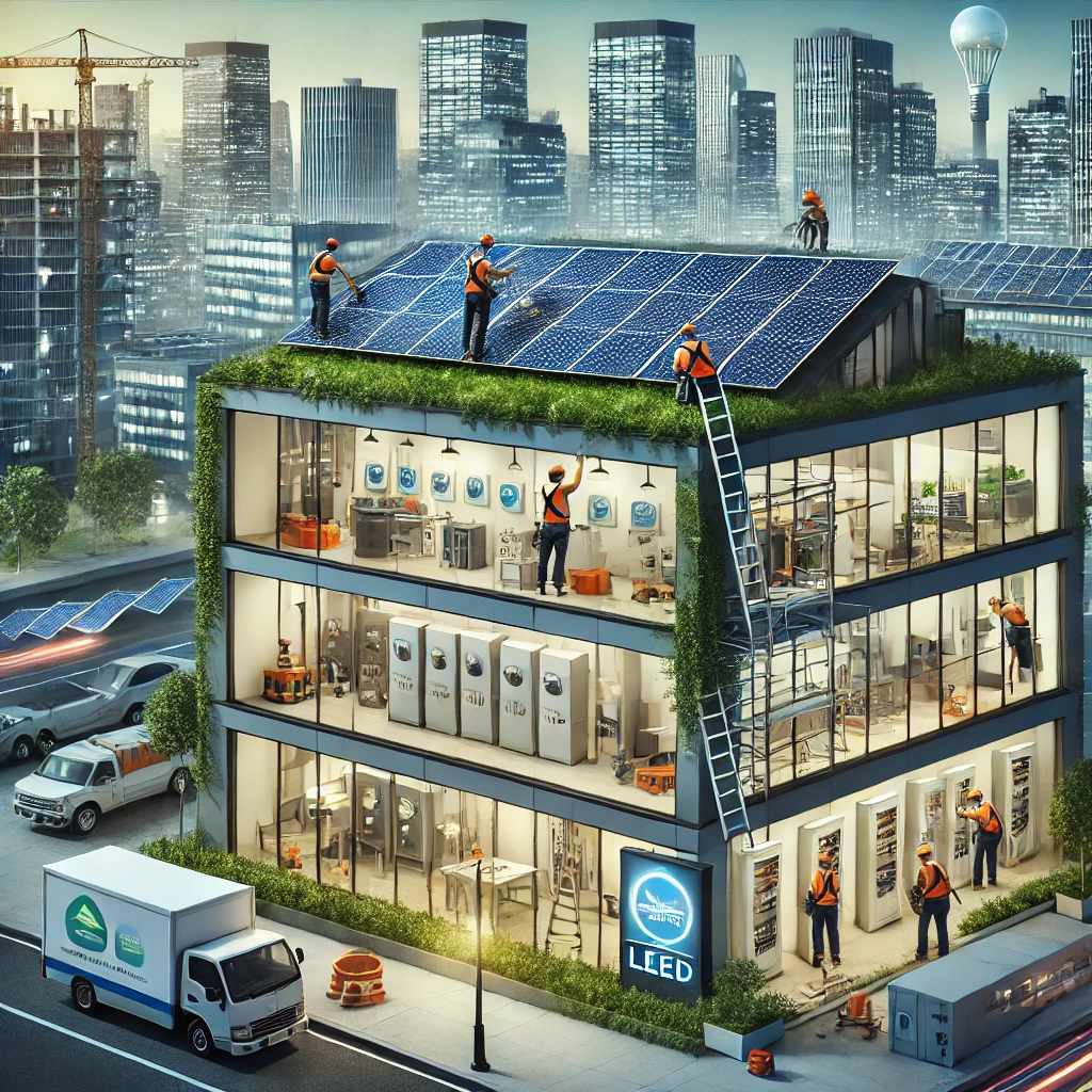 Illustration of a modern urban building being retrofitted with solar panels, upgraded electrical panels, and energy-efficient systems like heat pumps and LED lighting, surrounded by greenery.