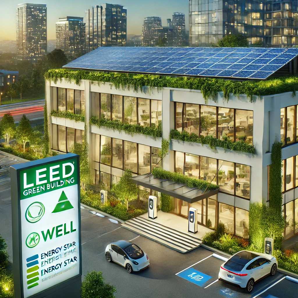 Illustration of a modern commercial building featuring solar panels, EV charging stations, LED lighting, and a digital display showcasing LEED, WELL, and ENERGY STAR certifications, surrounded by lush greenery.