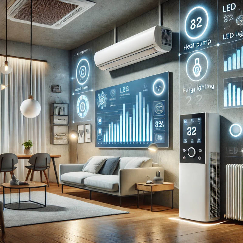 Illustration of a modern interior featuring a heat pump for heating and cooling, LED lighting fixtures, and a smart energy management system displaying real-time energy usage.