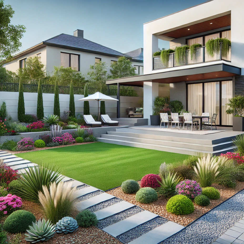 Illustration of a modern low-maintenance backyard featuring stone pavers, artificial turf, perennial flower beds, drought-tolerant plants, gravel pathways, and a stylish patio.