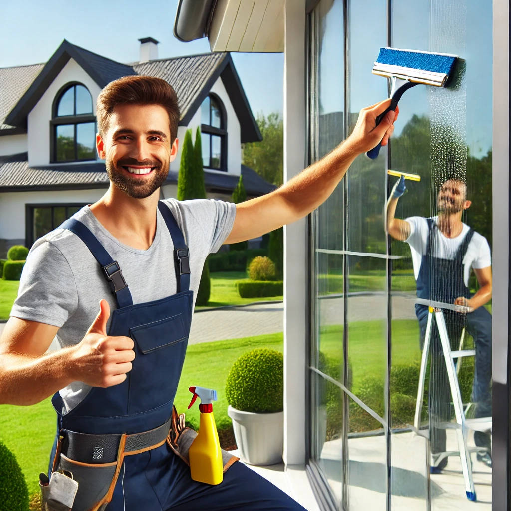 A professional window cleaner using a squeegee to clean a large glass window on a sunny day, with a happy homeowner in the background giving a thumbs-up. A professional window cleaner showcasing services that help with acquiring new clients.