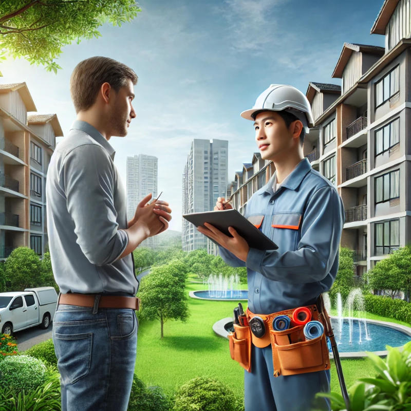 A property manager collaborating with a contractor using property management software on a tablet, with a well-maintained condominium complex in the background.