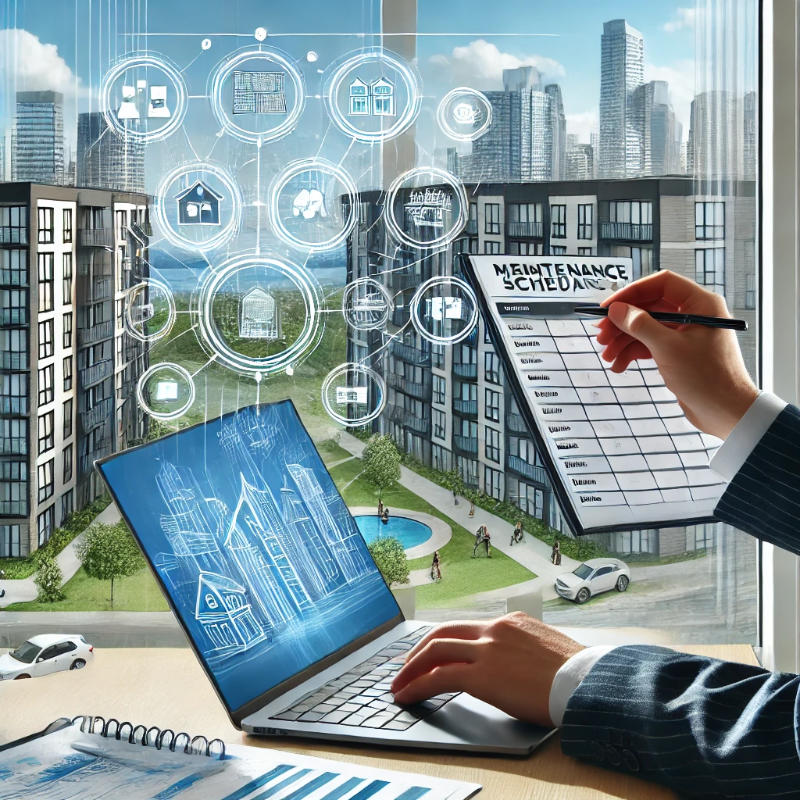 A property manager in a bright office reviewing maintenance schedules on a laptop, overlooking a condominium complex with tenant activity in the background.