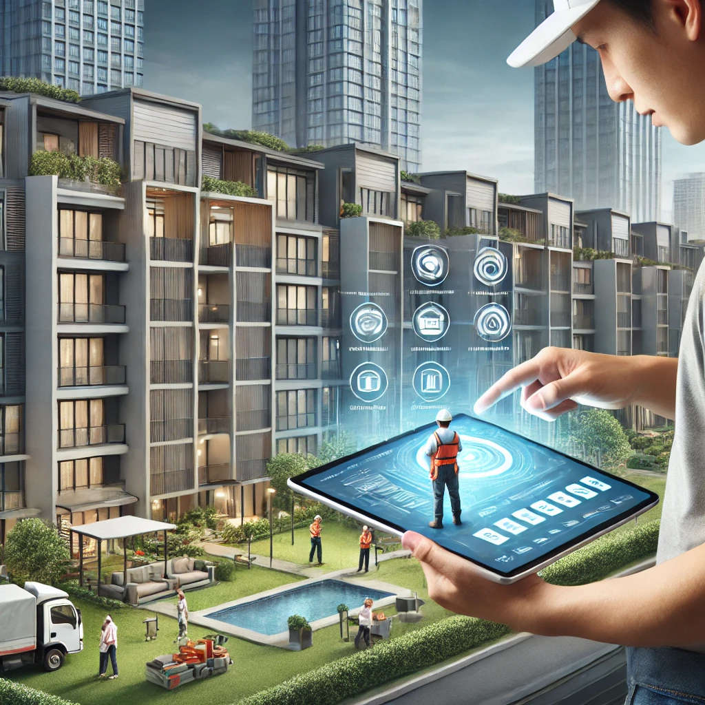 A property manager using a tablet with property management software to coordinate with contractors, with a condominium complex and happy tenants in the background.